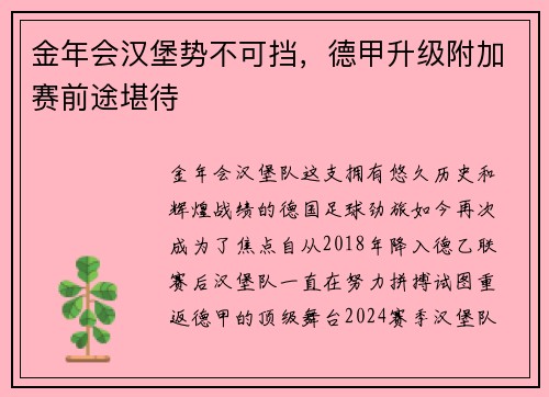 金年会汉堡势不可挡，德甲升级附加赛前途堪待